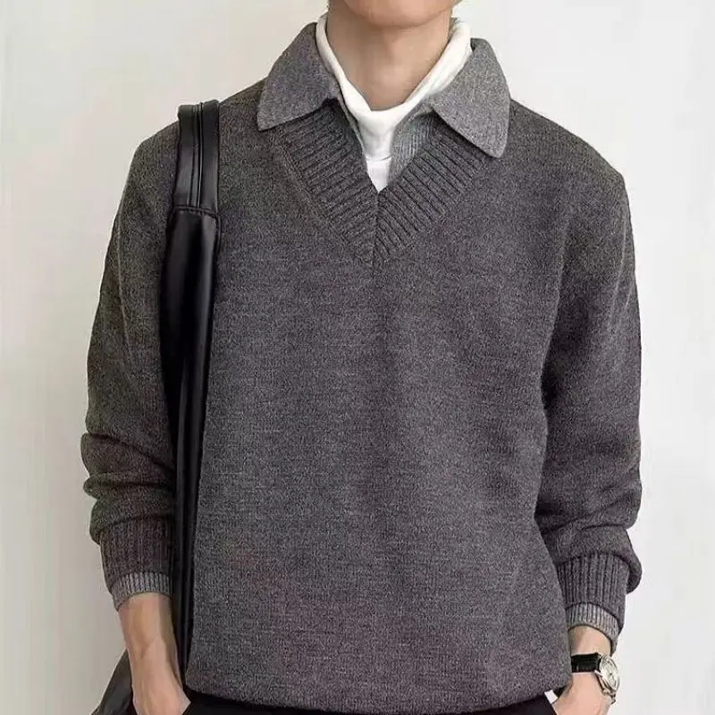 

Мужской вязаный свитер в американском ретро-стиле с V-образным вырезом, зимний, с отложным воротником, в стиле Old Money, с длинными рукавами, повседневная верхняя одежда