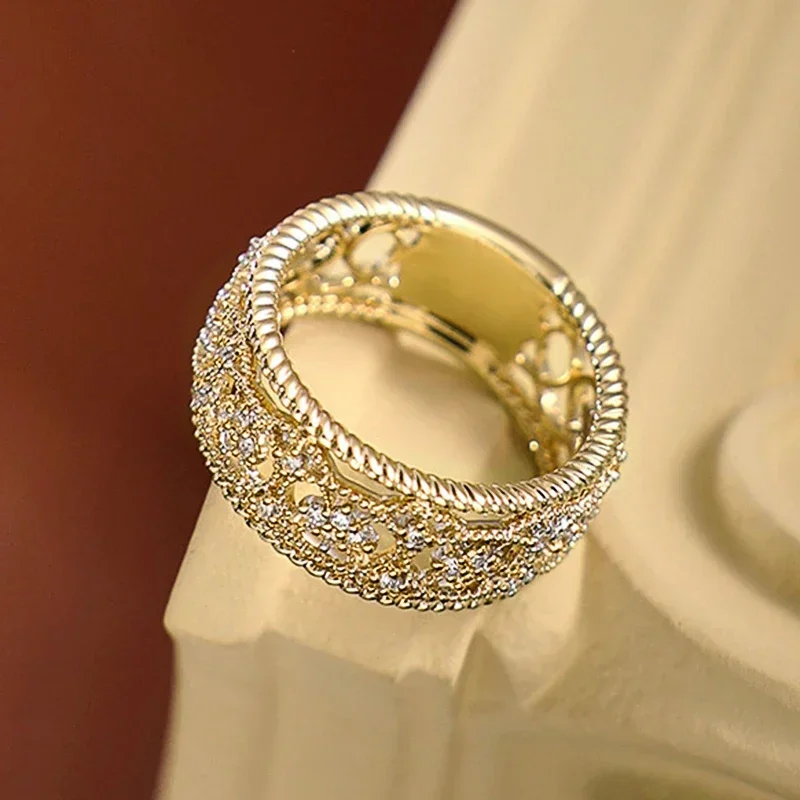 2024 Gorgeous Bridal Wedding Rings Hollow Band Paved Brilliant White CZ Temperament Elegant Women  Party Fashion Jewelry