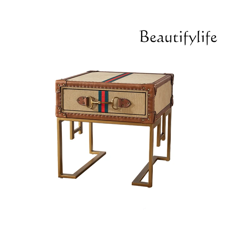 Nordic Industrial Style Retro Side Table Leather Case Tea Table Distressed Side Cabinet Handmade Corner Table