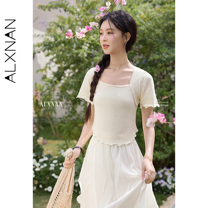 

ALXNAN женская футболка абрикосового цвета с квадратным вырезом, короткие футболки, новинка лета 2025, тонкий повседневный элегантный вязаный топ с короткими рукавами, женский L53605