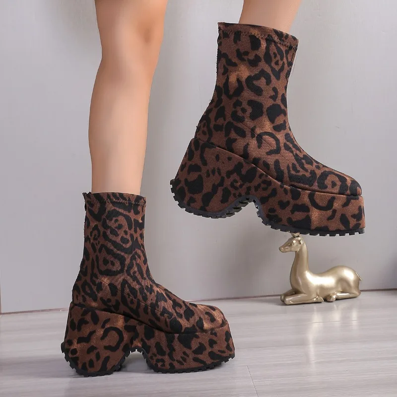 حجم كبير 43 منصة مكتنزة محبوك تمتد الأحذية للنساء فاسق أسافين النساء حذاء من الجلد القوطية الانزلاق على جورب أحذية حريمي #5