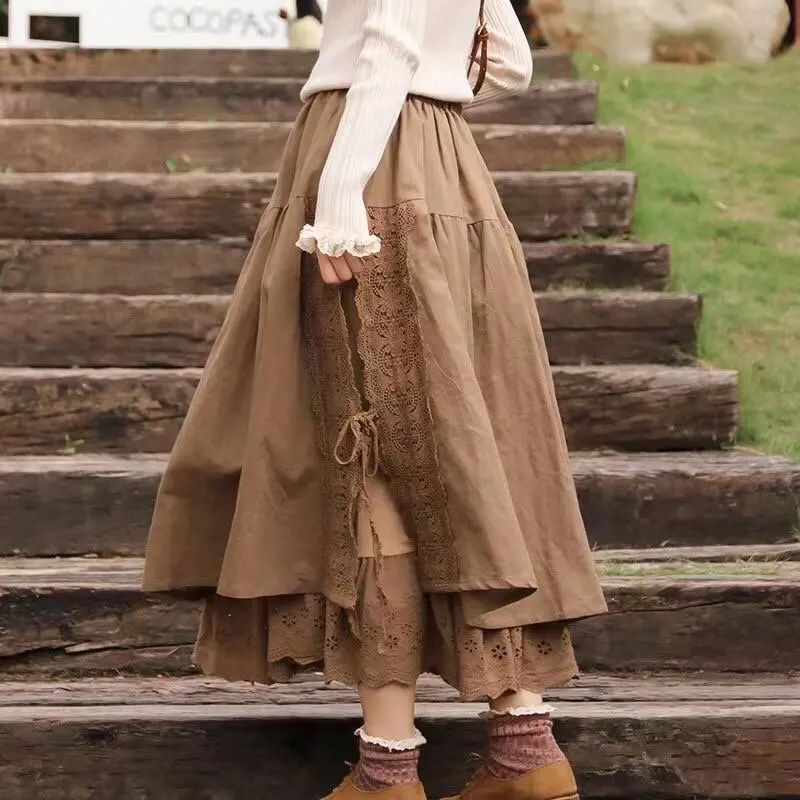 Johnature Vintage Mori Cotton Linen Patchwork Lace Skirts 2023 Autumn New All Match Elastic Waist Japanese A-Linen Women Skirts