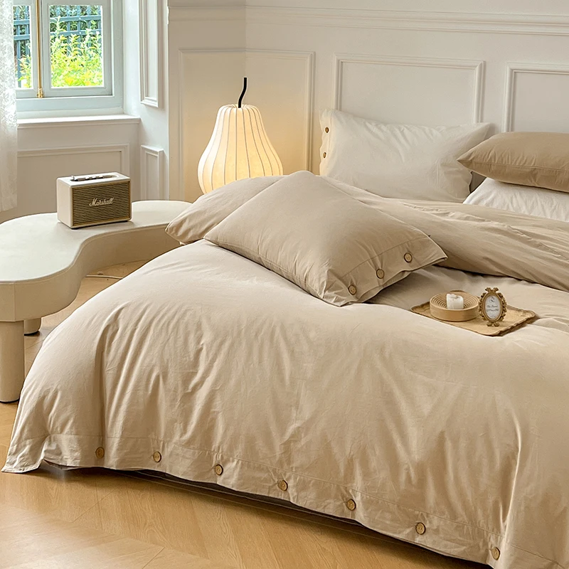 

100% Washed Cotton Duvet Cover 2/3Piece Luxury Soft Bedding Set with Buttons Closure Solid Color Comforter Cover With Pillowcase