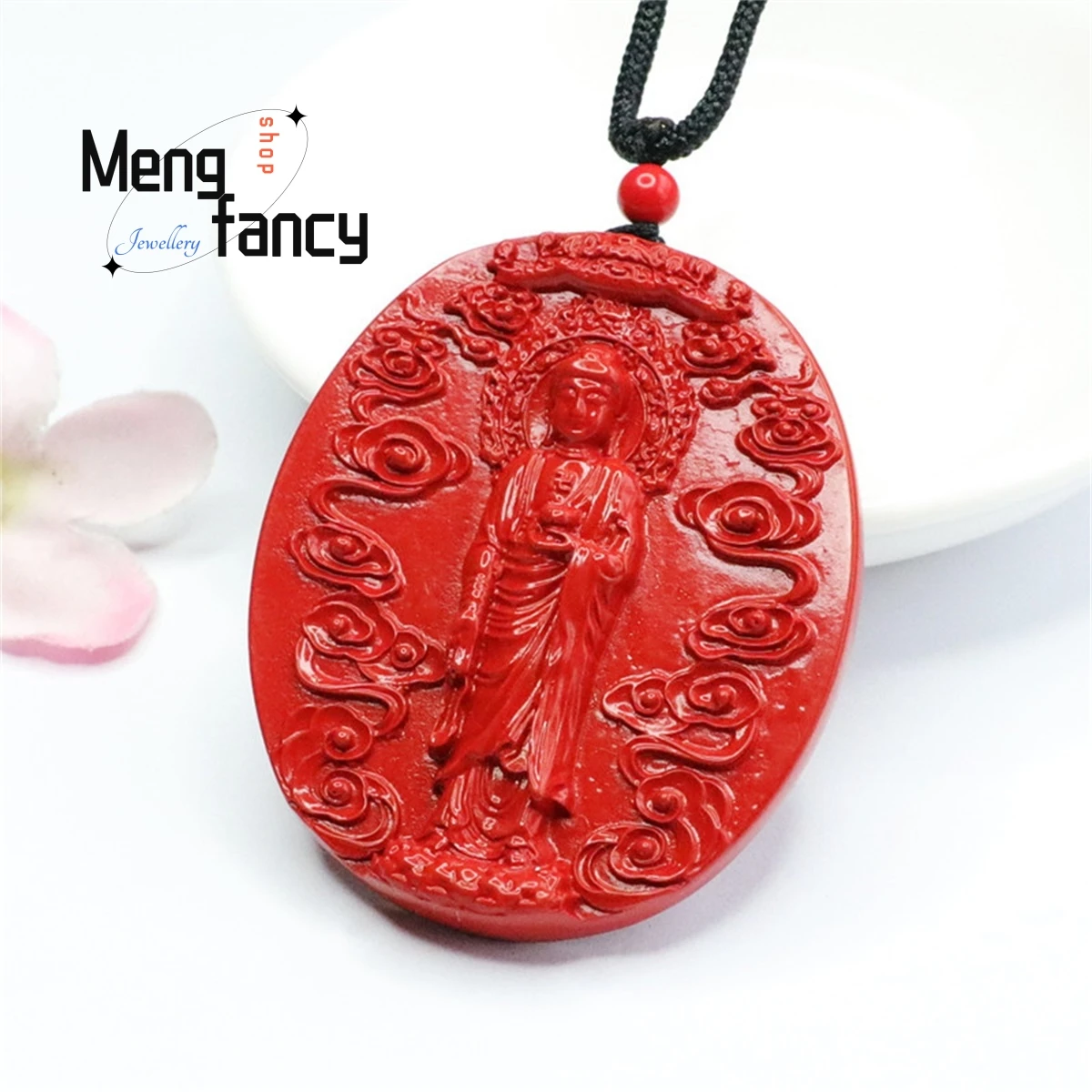 Natural Cinnabar Amitabha Buddha Fengshui Pendant Simple Personality Retro Ethnic Style Men Women Fashion Jewelry Mascot Amulet