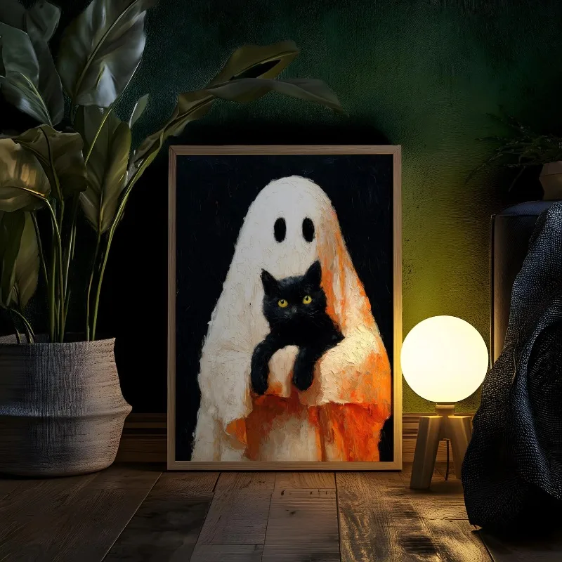 Ghost Holding Black Cat Wall Art Print Dark Vintage Style Cute Spooky Halloween Fall Pet Lover Home Decor Unframed Canvas