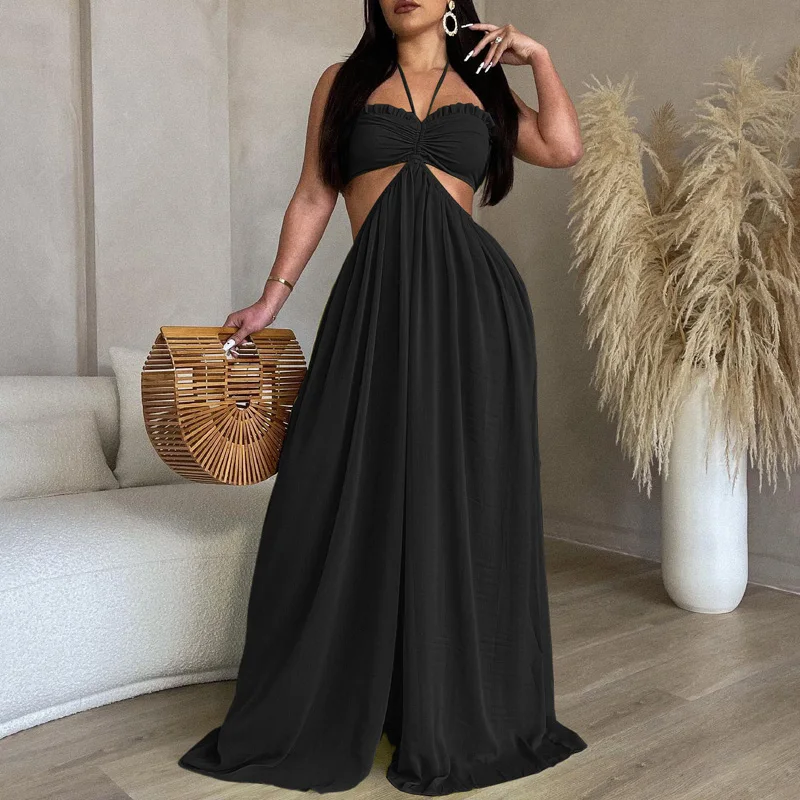 Slergiri 여성의 섹시한 넥타이 백 레스 시폰 점프 슈트 비치 휴가 streetwear 특대 와이드 레그 점프 슈트 클럽 파티 의상