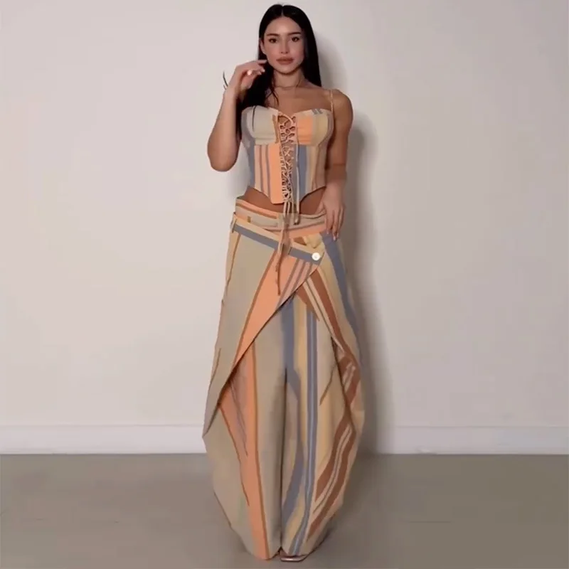 Sexy Print Vest Pants Women's Set Beach Patchwork Slash Neck Lace Up Top Pleated Trousers 2026 Summer Holidays Lady Outfit New view 3
