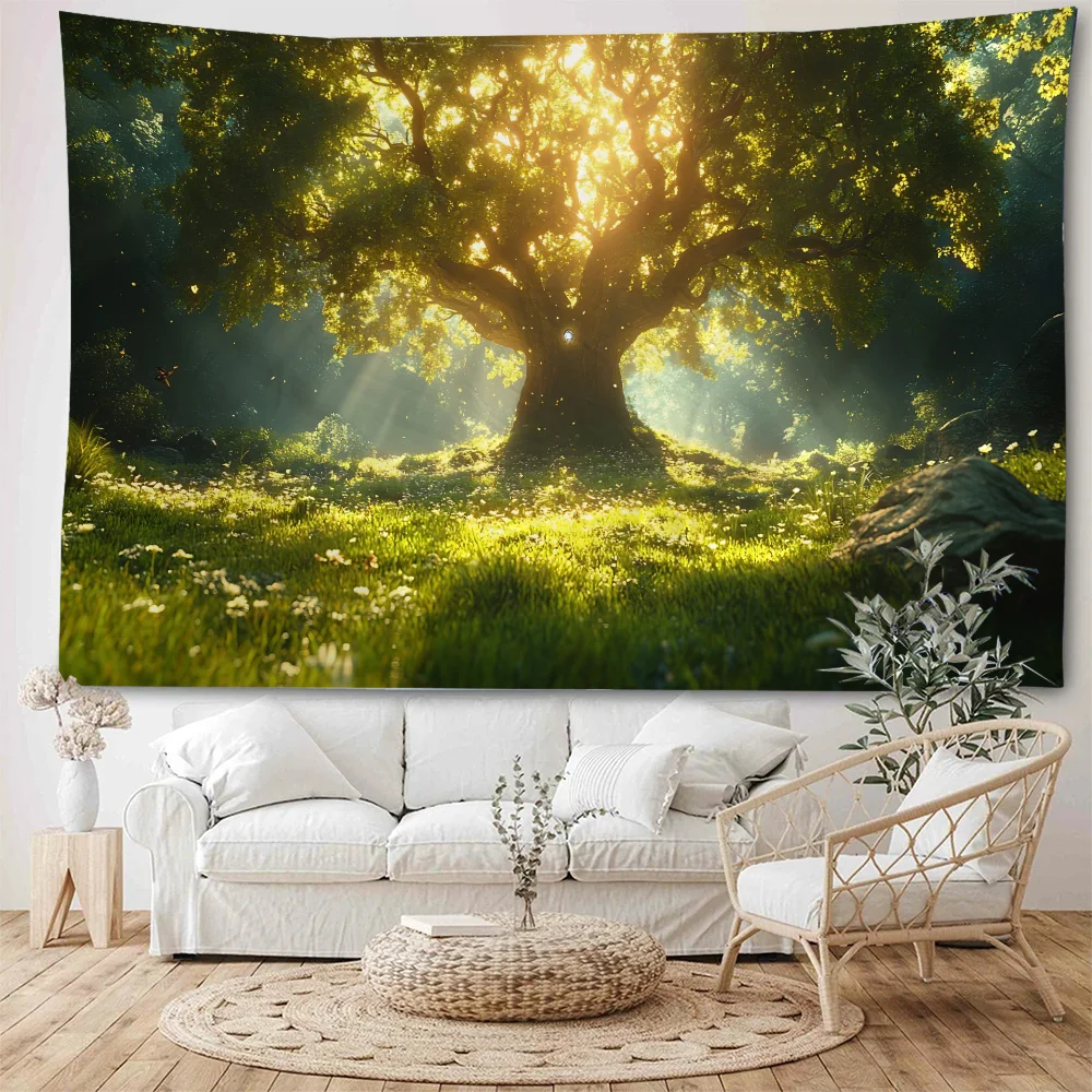 Beautiful Sunshine Forest, Tree Scenery Background Decoration Tapestry, Home Wall Decoration Tapestry