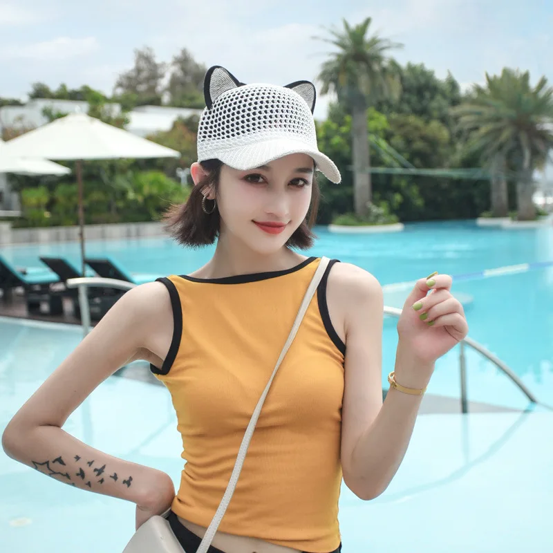 Hat Hollow Out Breathable Duck Tongue Cap Sunshade Cute Cat Ears Cap Baseball Cap women\'s Thin Section White Spring Summer Cap