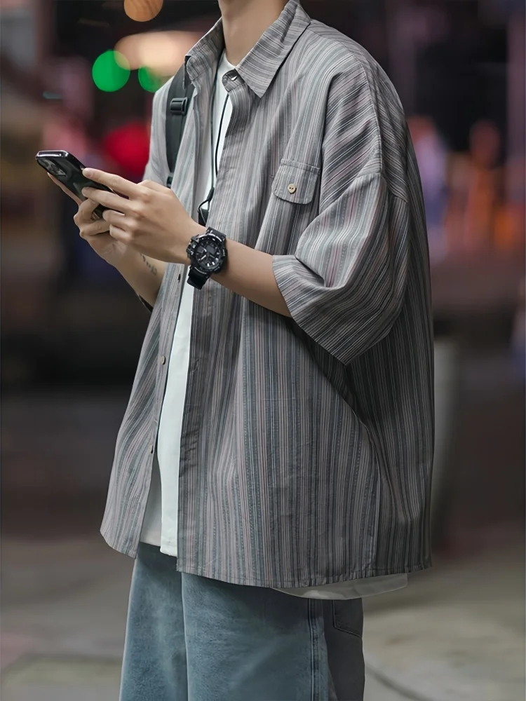 Summer Men's Retro Short Sleeve Striped Shirt Top Fashion Loose Fitting Versatile Handsome Casual Half Sleeve Shirt Jacket
