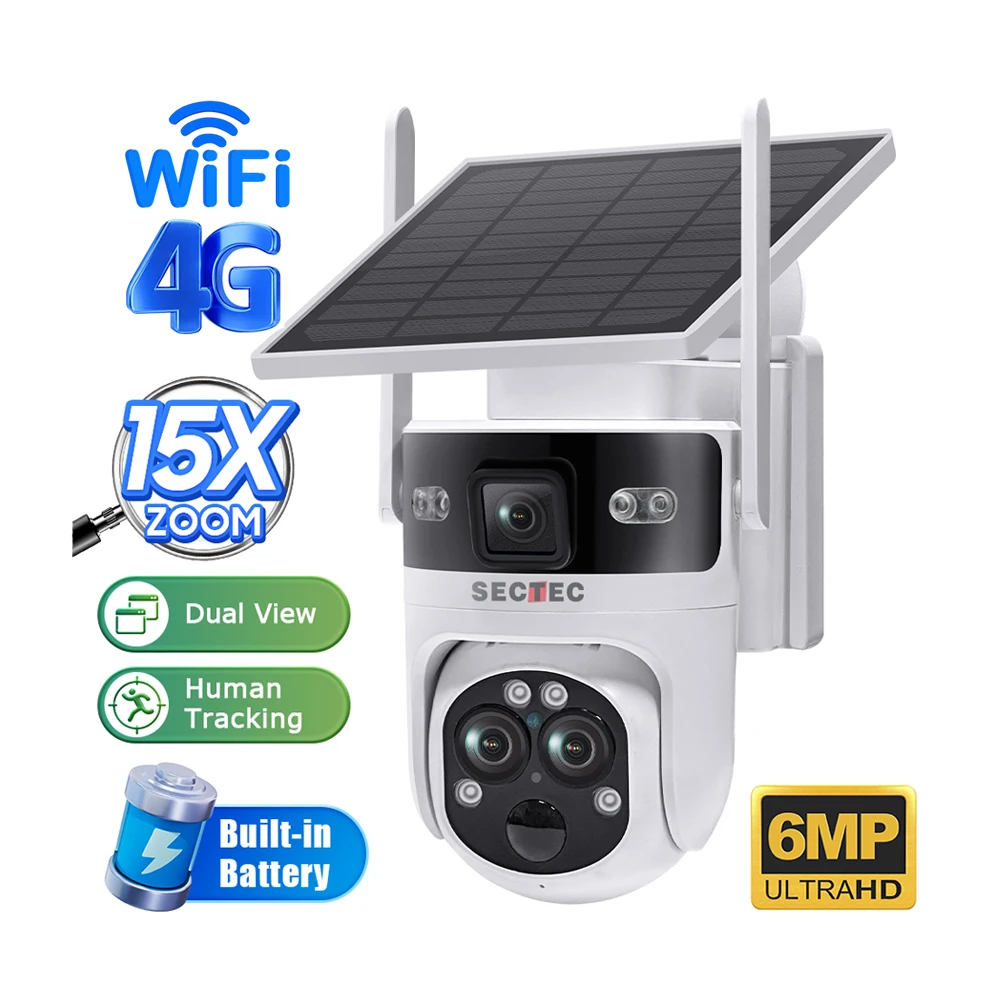 SECTEC HD 3Lens Dual Screen Viewing 4G GSM Solar Camera 15X Zoom PTZ Rotate IP65 Outdoor Camera Human Detection CCTV IP Camera