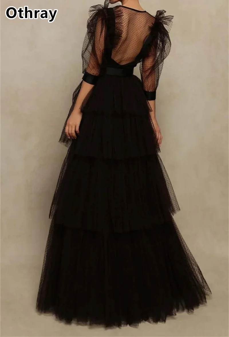 Othray 2025 Black Evening Dress Half Long Sleeves Prom Dress A-line Party Gowns Pleats فساتين مناسبة رسمية Layer Skirt Elegant