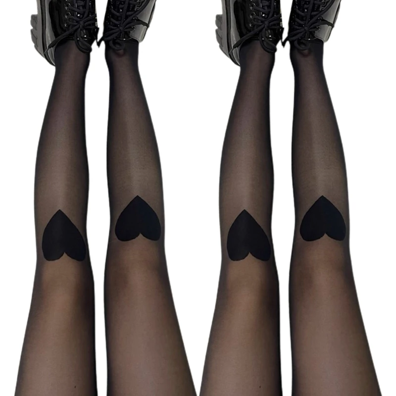 Women Dark Gothic Silky Transparent Pantyhose Harajuku Sweet Knee Love Heart Pattern Sheer Tights Personality Thin Dropshipping