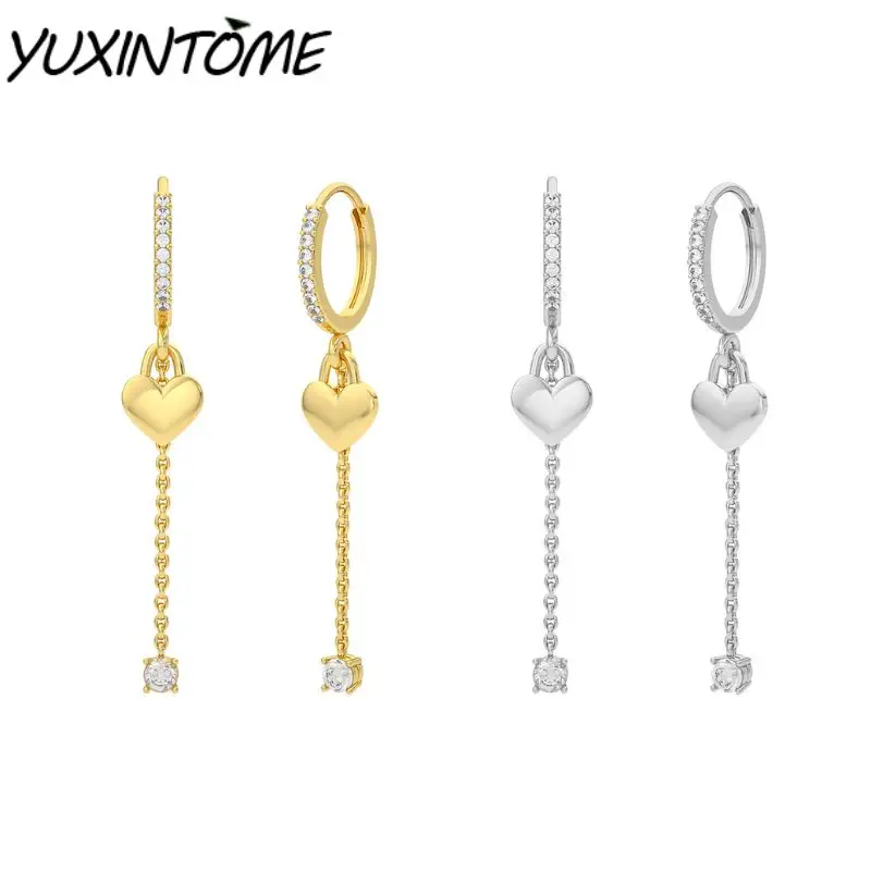 925 Sterling Silver Ear Needle Niche Design Heart Shape Pendant Chain Micro-set Zircon Earrings Sweet Romantic Wedding Jewelry
