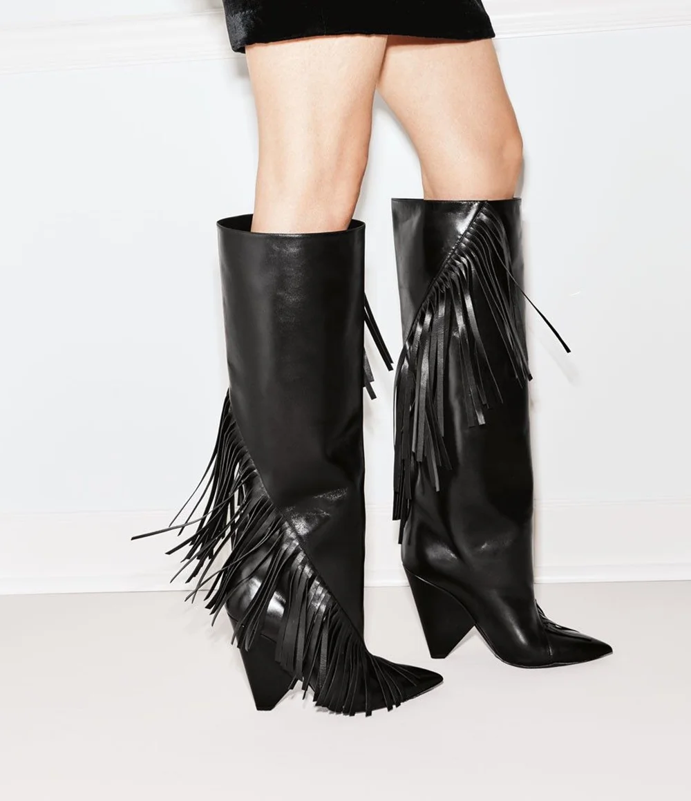 Fashion Ladies Black Faux Leather Knee Boots Point Toe Chunky Cone High Heel Fringe Ornament Classic Western Tall Boots