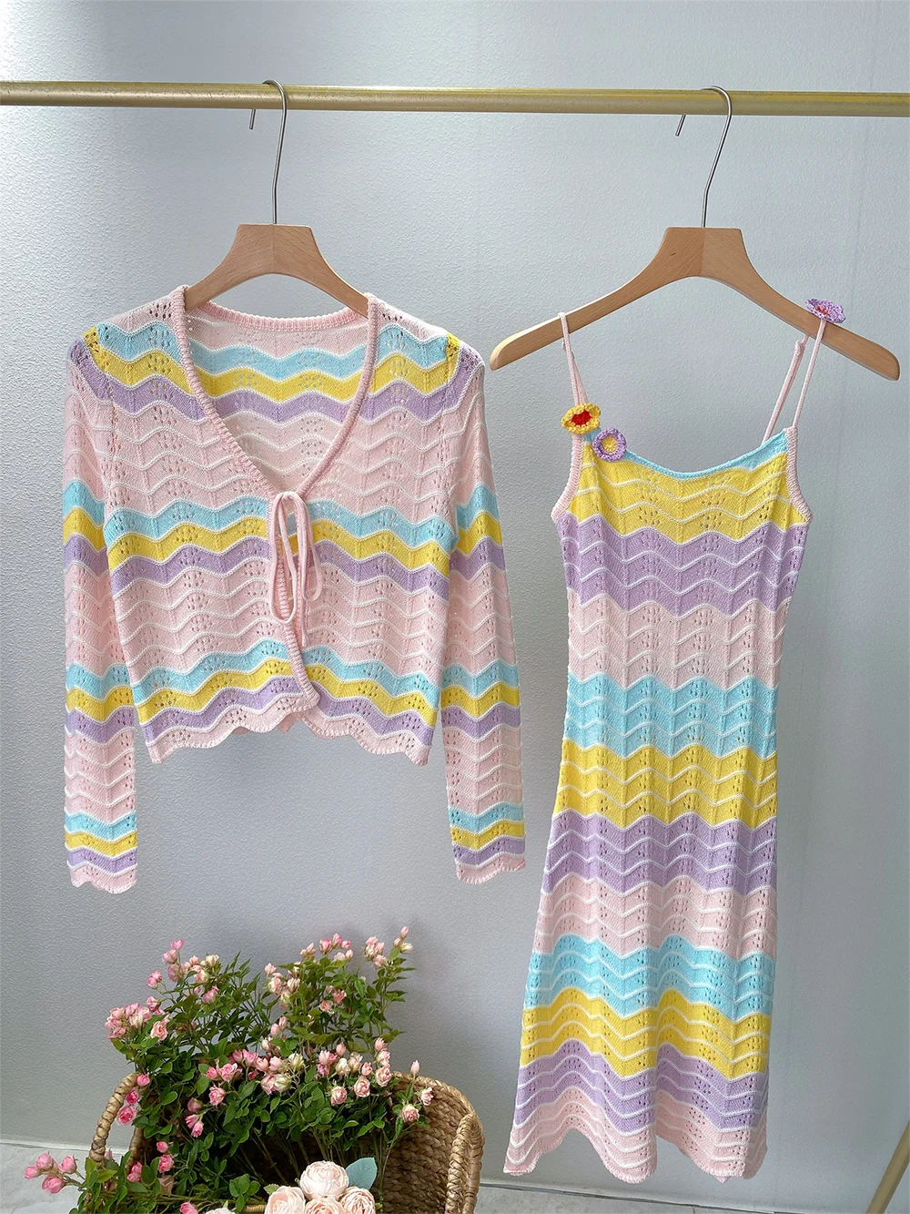 Women Crochet Colorful Bodycon Knit Dress Sleeveless Rainbow Stripe Knit Dress with Floral Shoulder Detail
