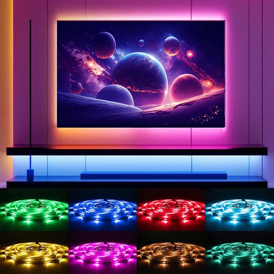 USB-powered LED strip light with 24-key remote control, app control, RGB color changing, suitable for home theaters and game roo