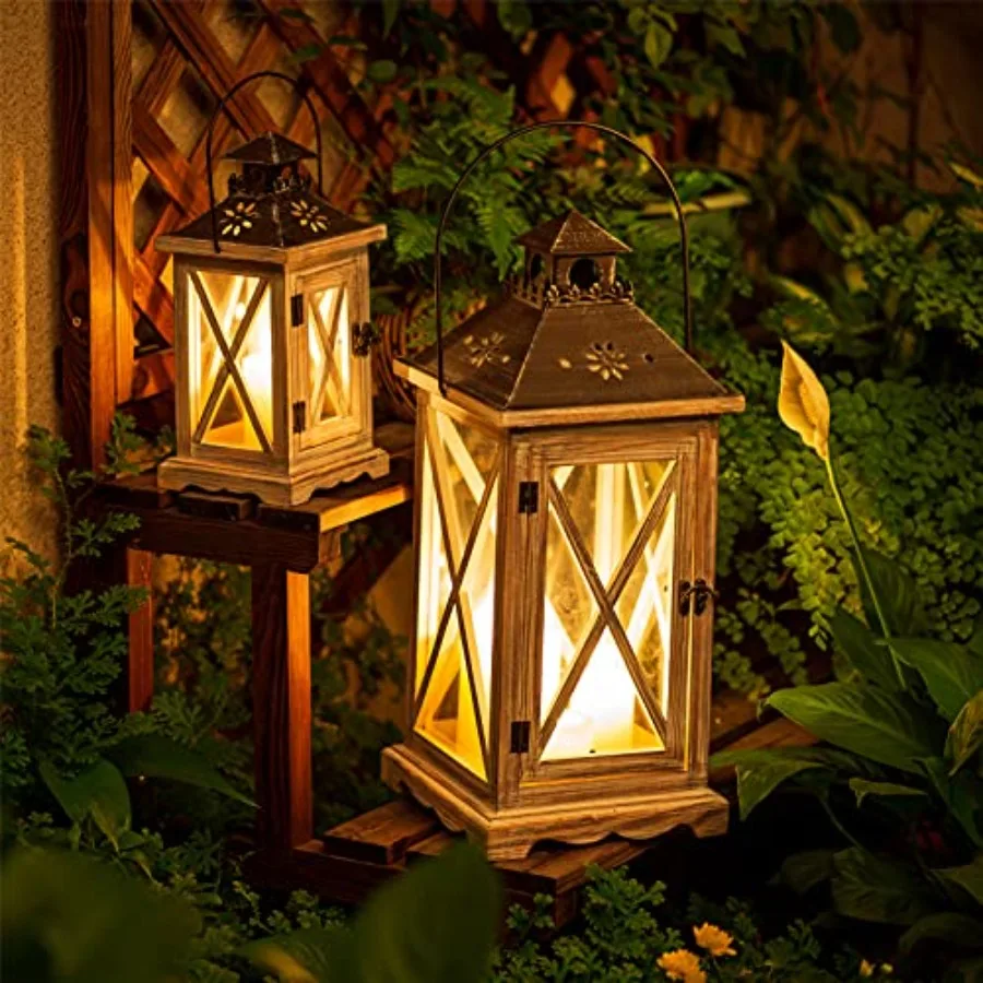Farmhouse decor: wooden lanterns in natural wood tone, 19in and 11in tall, set of 2 for rustic indoor or outdoor lighting