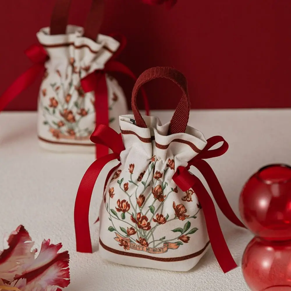 

Сетчатая холщовая сумка с цветочным принтом на шнурке, атласный бант, корейский стиль, праздничная сумка для сахара, сумка для хранения, кошелек для монет, кошелек, сумка с бантом