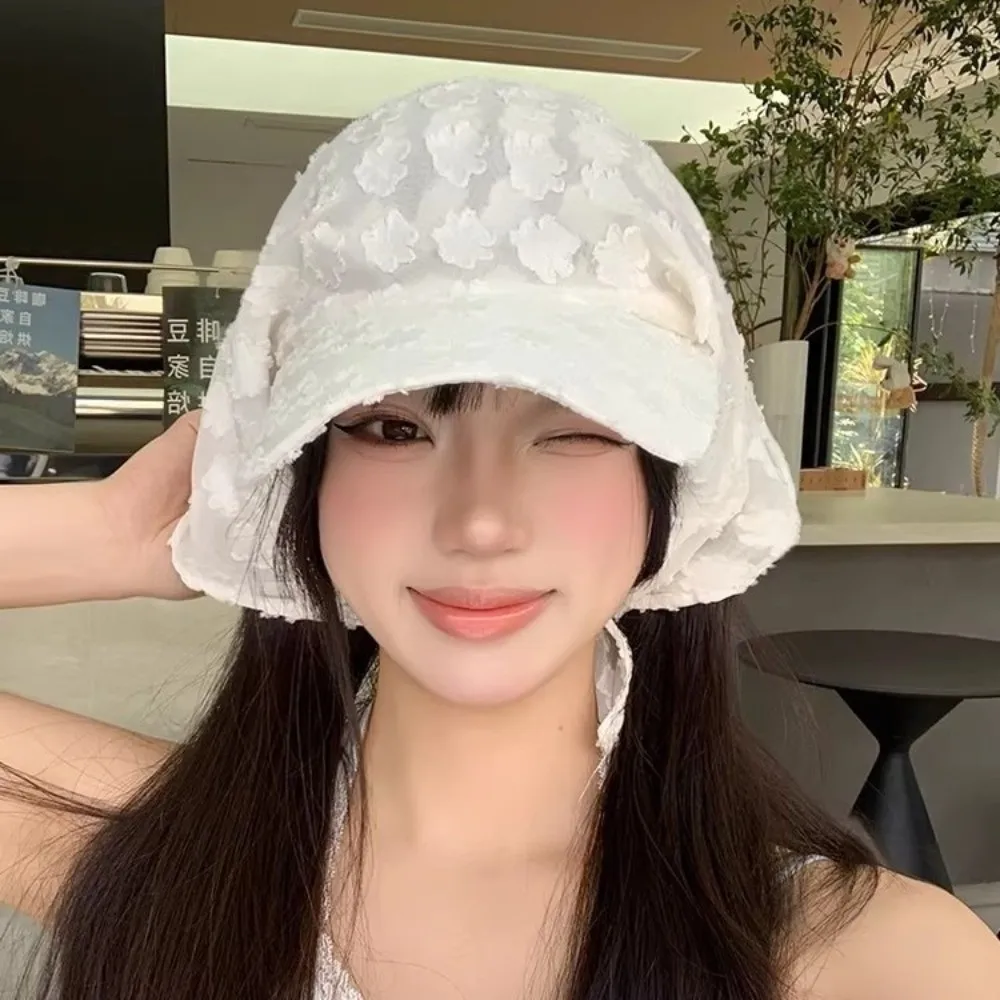 Sweet Chiffon Lace Lace Bucket Hat Wide Brim Flower Pattern Sun Visors Strap Design Versatile Style Headscarf Cap Spring Summer