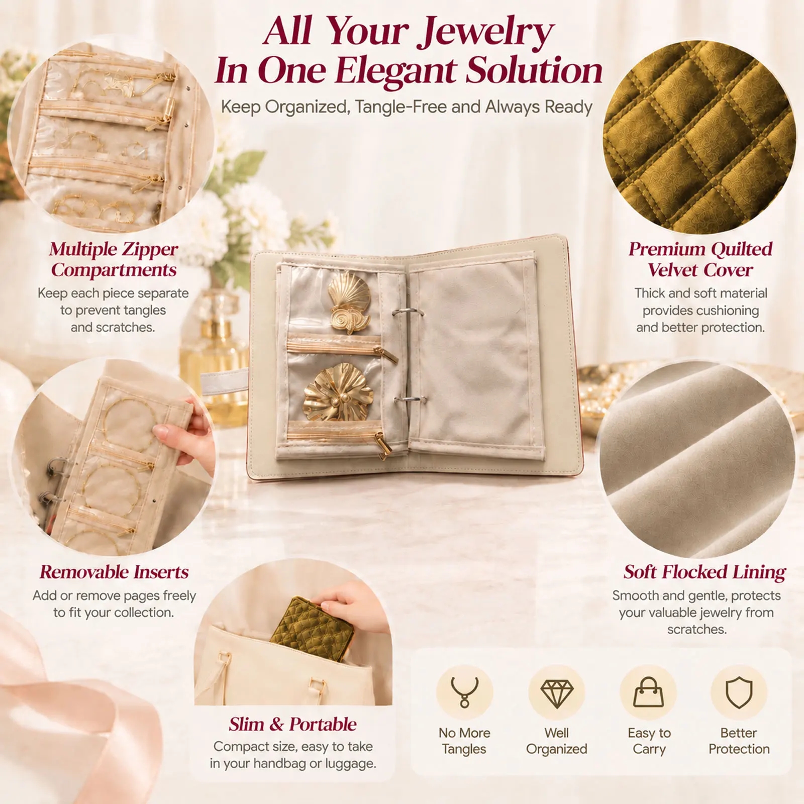 Portable Travel Jewelry Case Organizer: Compact Velvet Binder Storage Book - Detachable‑Page Binder Organizer with Zipper Pockets for Earring Necklace Bracelet Ring - Secure Storage for Work & Daily Use