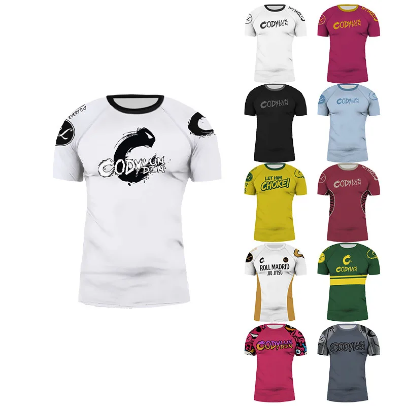 Cody Kids Printed MMA BJJ Rash Guard Boys Short Sleeve Compression Top Multi-color Training Shirt for Boxing Wrestling Fitness