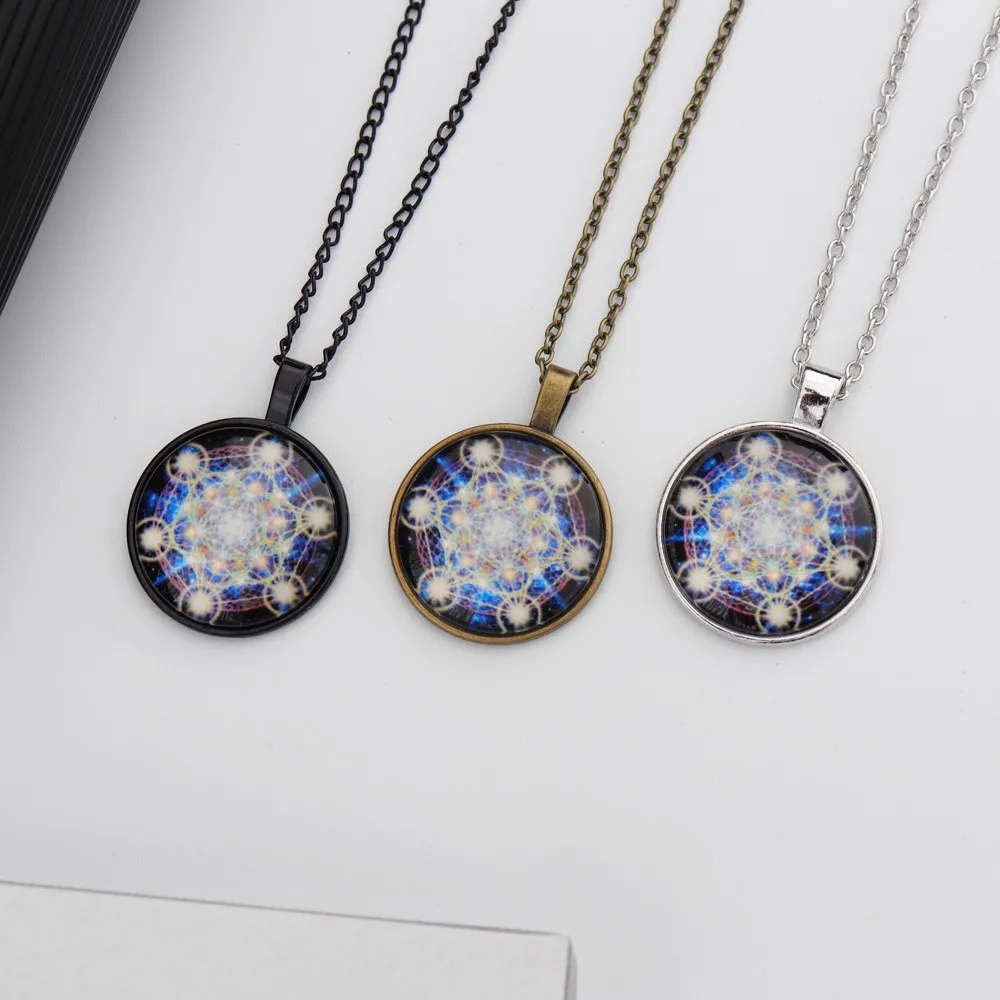 Metatron's Cube Sacred Geometry Pendant Necklace Galaxy Nebula Glass Dome Black Chain Spiritual Yoga Amulet Jewelry Gift