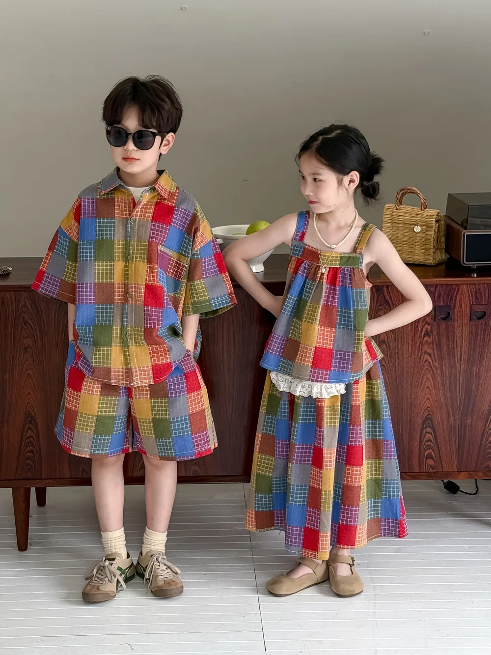2026 Summer New Children Short Sleeve Clothes Set Boys Shorts Suit Girls Plaid Sling + Skirts Set Kids Brother Sister Outfits