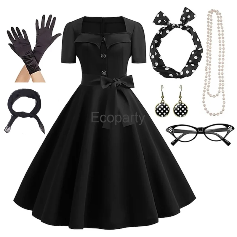 50s Vintage Hepburn Dress For Women Retro Black Point Square Neck A-Line Dress With Glasses Scarf Gloves Suit Halloween Costumes