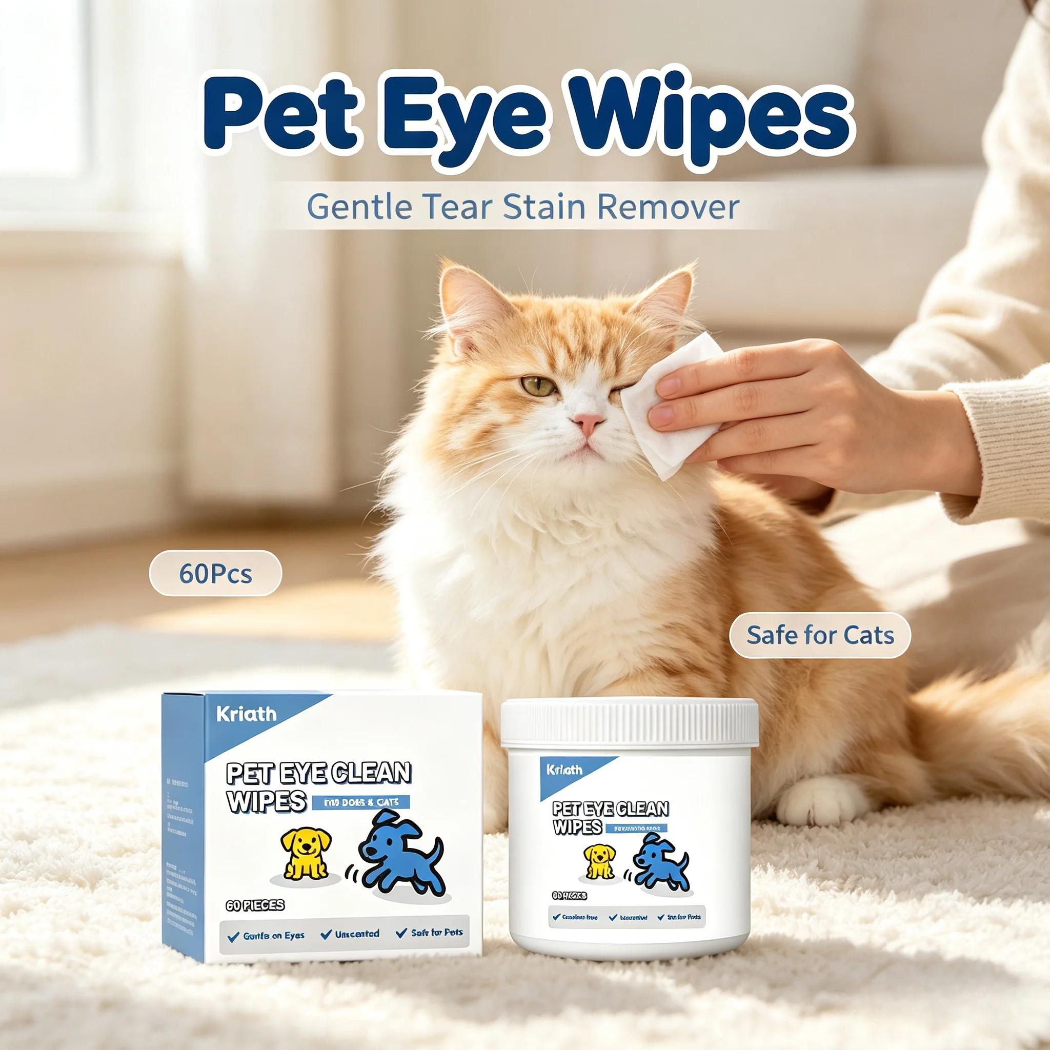 Lingettes nettoyantes pour les yeux des animaux domestiques, 60 pièces, pour chats et chiens, éliminent les odeurs oculaires, soulagent l'inconfort oculaire, lingettes de toilettage pour animaux de compagnie