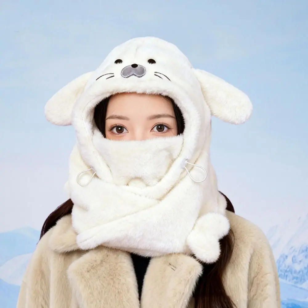 Simple Fleece Seal Plush Hooded Scarf 3 in 1 Solid Color Mask Pullover Hat Warm Soft Winter Cap Outdoor