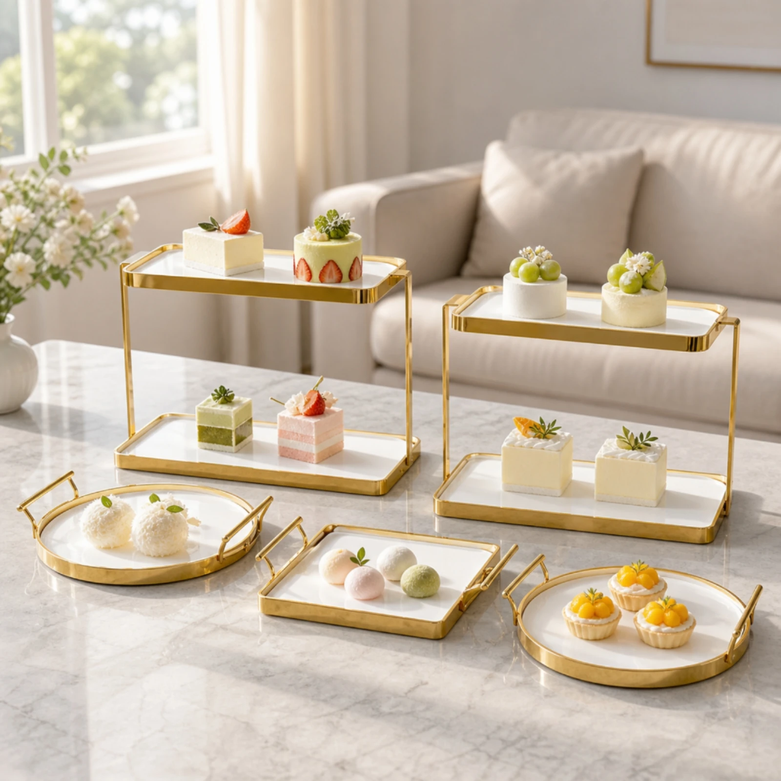 5 Pieces Gold Ceramic Dessert Display Set Stable Elevated Dessert Stand Set with Trays Serveware Elegant Servingware Luxurious
