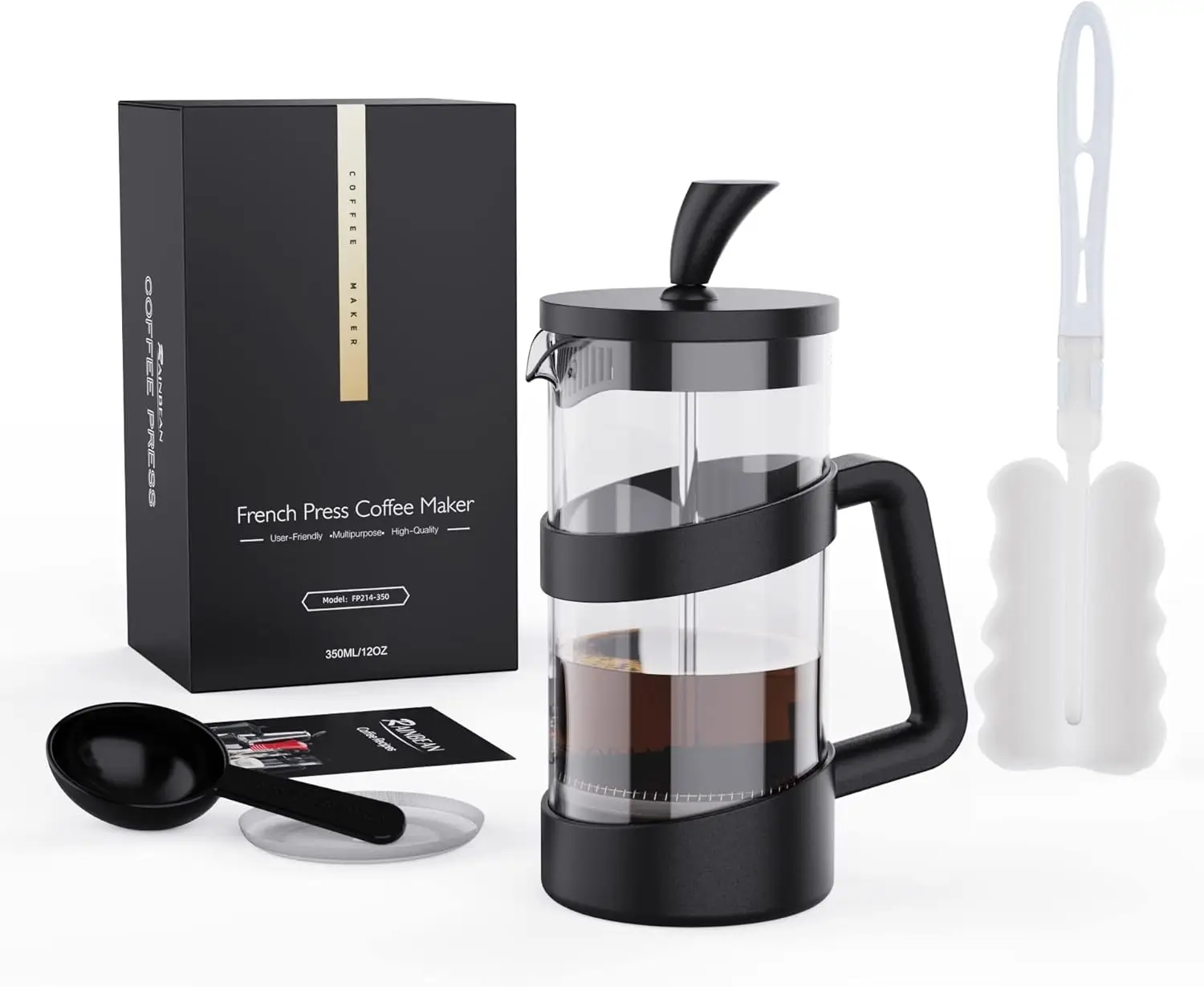 

12 oz Mini French Press Coffee Maker for Camping, Small Coffee Press Pot for Tea & Milk Frothing (Black)