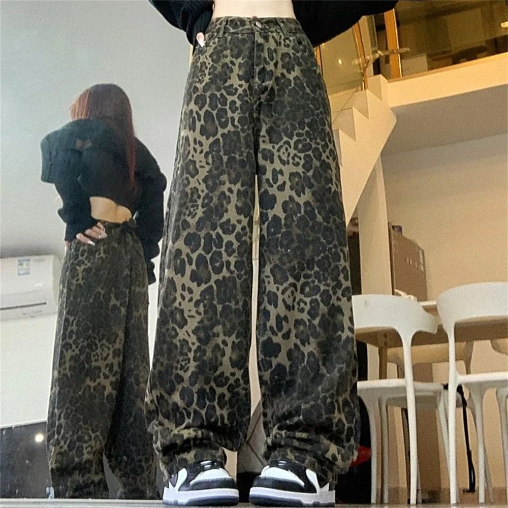 

2024 Spring Y2K Oversiz Panther Denim Trouser Women's Casual Pockets Hip-hop Pants American Retro Leopard High Waist Baggy Jeans