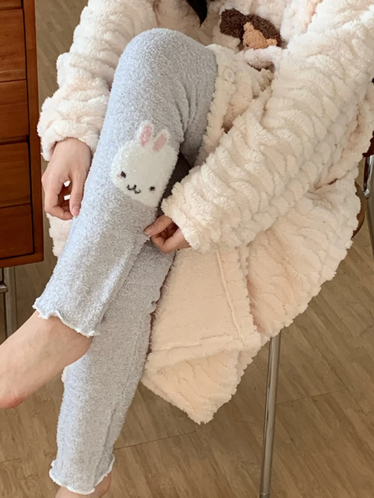 Cute High Waist Sleep Bottoms Coral Fleece Cartoon Trousers Warm Leggings Elastic Pajama Pants Women Ruffle Hem Sleepwear