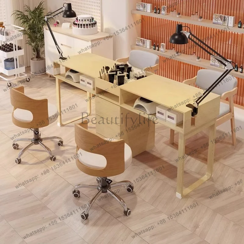Beige Professional Nail Table Fancy Wooden Oficce Workstation Salon Nail Desk Beauty Design Luxury