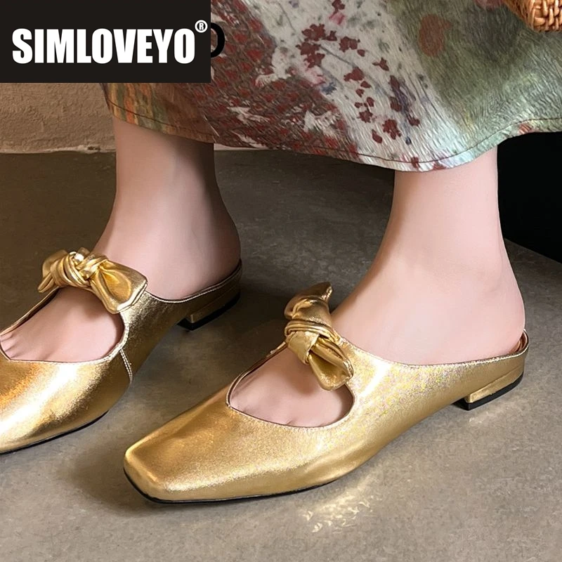 

SIMLOVEYO 2025 г. Женские сандалии из мягкой натуральной кожи с квадратным носком на плоской подошве и бантом, модная повседневная уличная обувь 33 40