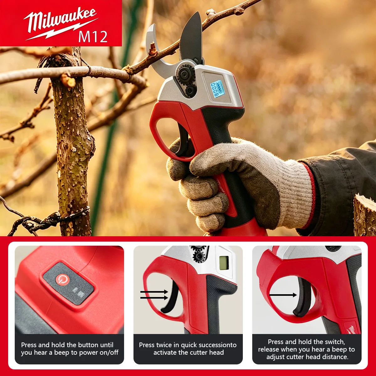 MilwaukeeM12 18V Cordless Pruning Shears 30mm Cutting Dia SK5 Blade Brushless Motor Electronic Display Garden Secateurs Tool