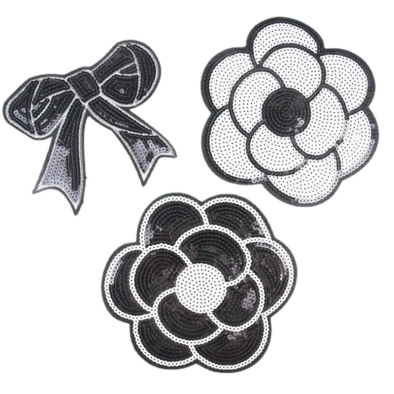 

30pcs/Lot Large Luxury Sequin Embroidery Patch Flower White Black Bow Women Shirt Clothing Decoration Accessory Craft Applique