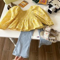 Children's Clothing Suit Spring and Autumn Girls Sweet Floral Long-sleeved Shirt Flared Pants 2PCS Baby Puff Sleeve Top Pant