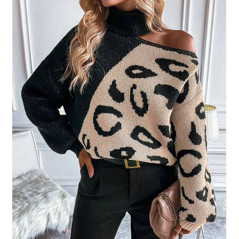 Pullover Knit Sweater Leopard Print Cut Out Sweater Winter Long Sleeve Warm Oversized Loose Sweaters Casual Pullovers Sweater