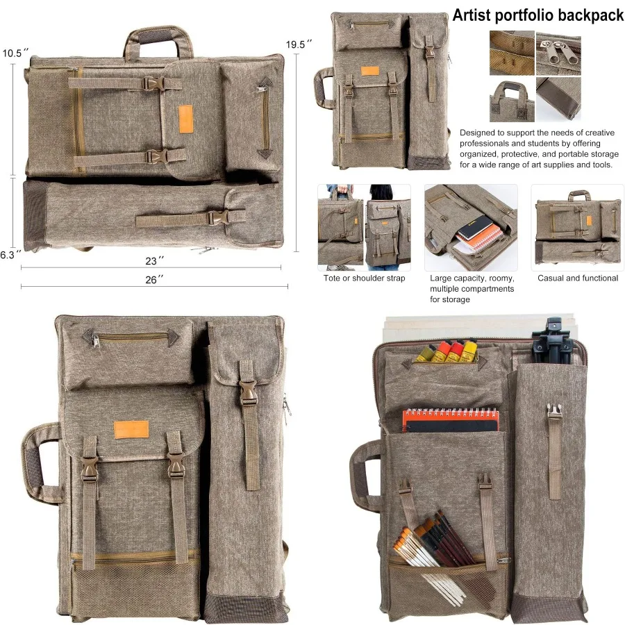 Mochila grande con portafolio de arte en lienzo de 26 x 19,5 para artistas, solución de almacenamiento duradera para cuadernos de bocetos, pinturas y dibujar S