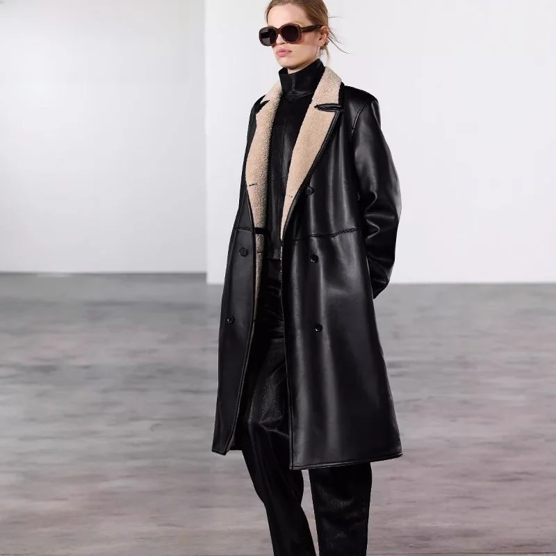 

New 2025 Autumn Winter Women's Long Sve awl Collar Double Face Coat Jaet PU Material Commute Sle Thiened Chinese P...