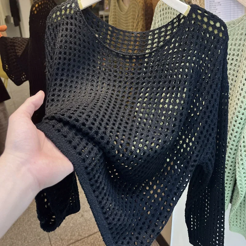 여성용 긴 소매 메쉬 니트 탑 2025 여름 가을 신상 Y2K 시스루 레이스 블라우스 캐주얼 홀로우 아웃 셔츠