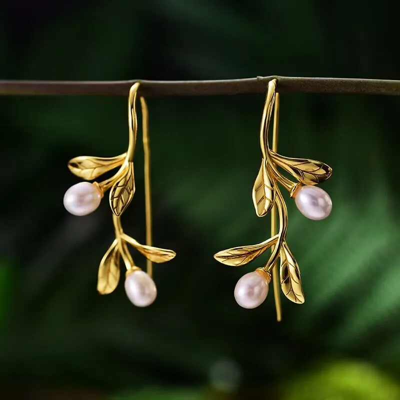 

Real 925 Sterling Silver Natural Pearl Earrings Fine Jewelry Waterdrops from the Olive leaves Drop Earrings for Women