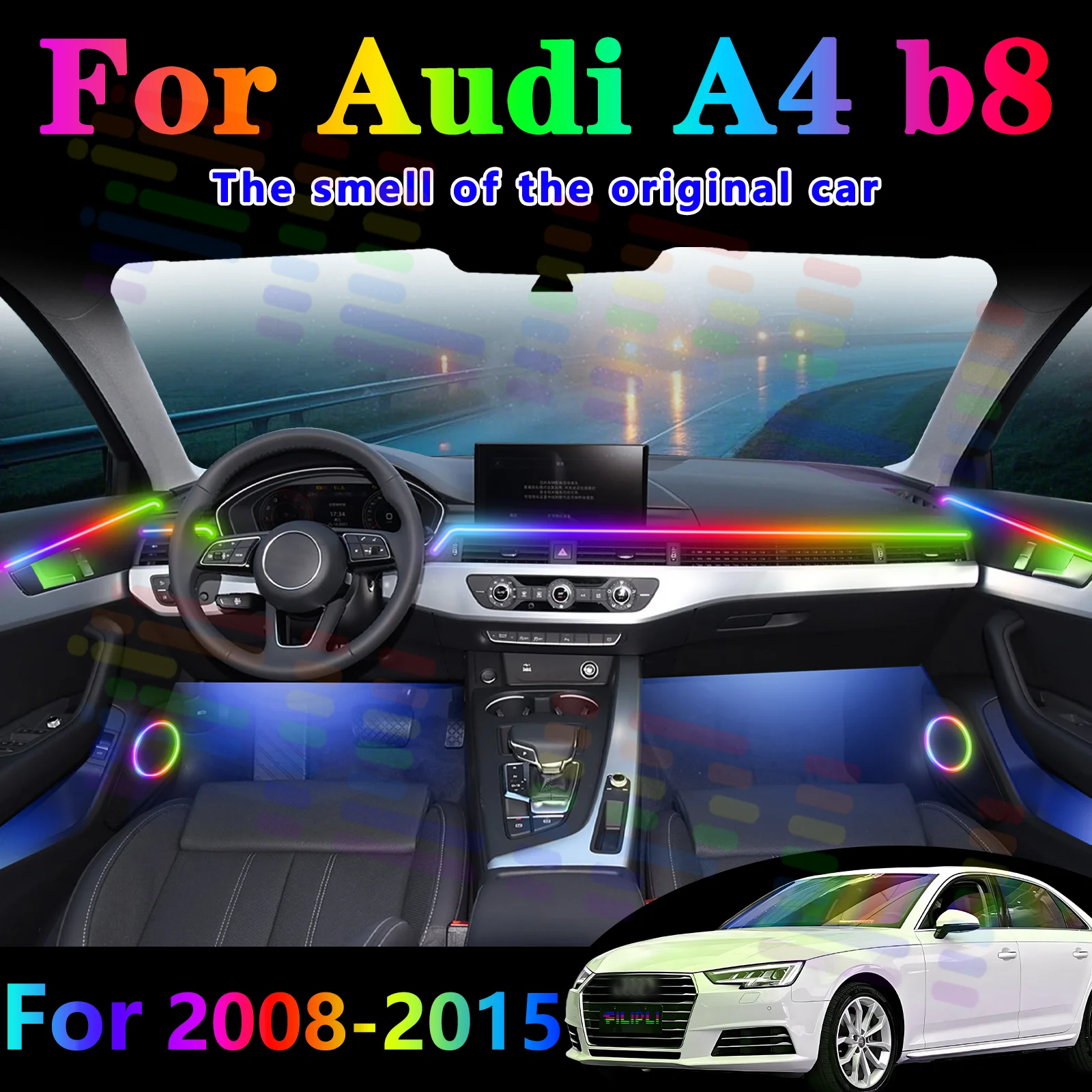 

Для Audi A4 B8 светодиодные автомобильные окружающие освещение Symphony Bluetooth App RGB 64 цвета стример радужная полоса внутренняя атмосферная лампа 12 В