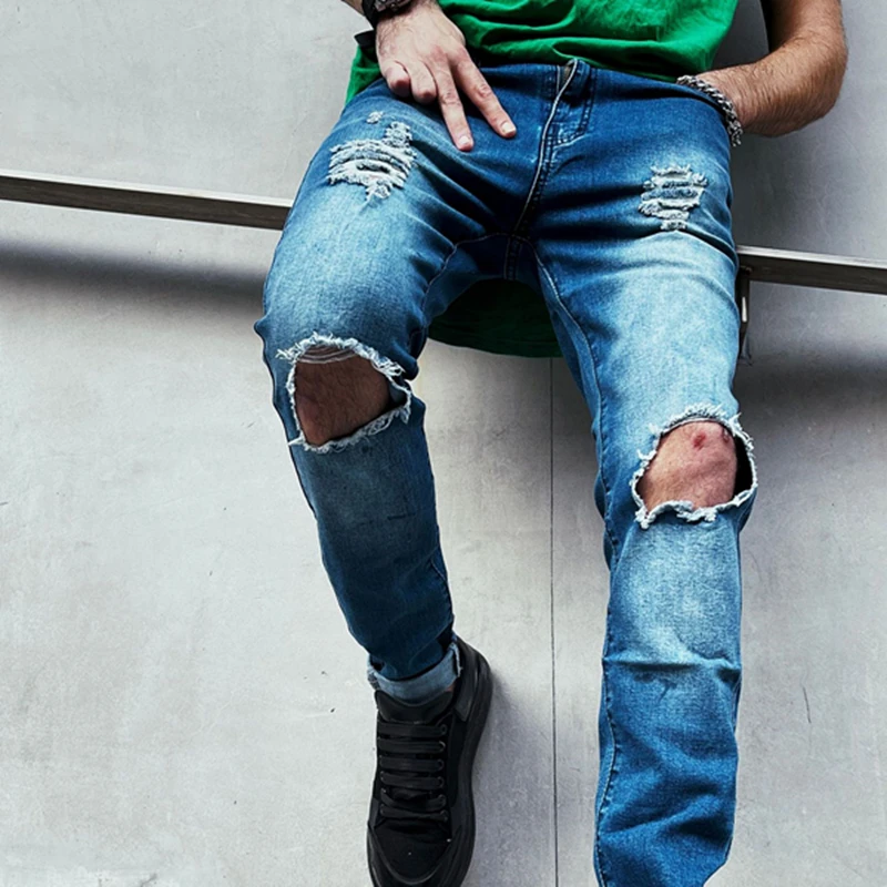 

2022 New Male Beggar Ripped Holes Small Foot Jeans Slim Casual Flick Hip Hop Motorcycle Pants Fashion Clothing