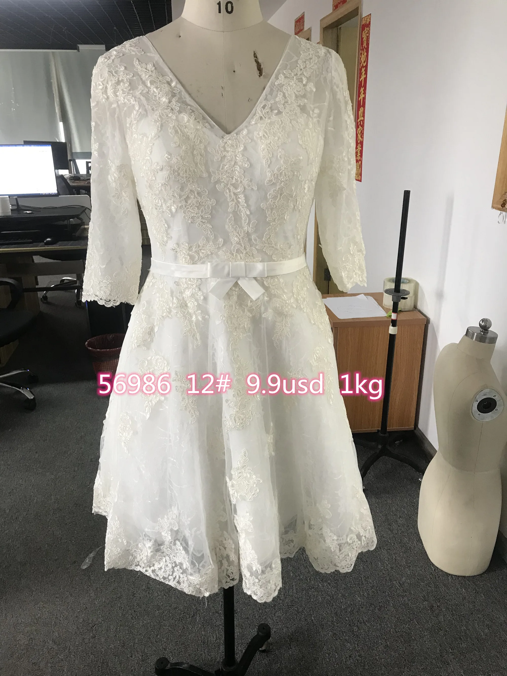 Кружевные короткие свадебные платья CloverBridal, скидка 3/4, свадебное платье с рукавом 8068, V-образным вырезом, длина до колена 56986