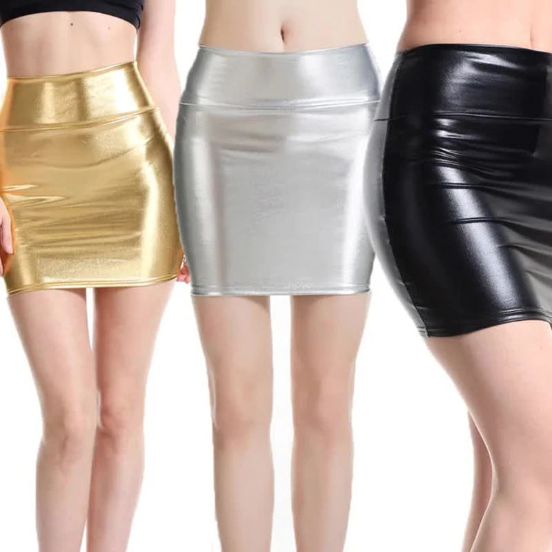 Sexy PU Leather Short Skirts for Women Club Prom Performance Solid High Waist Mini Skirt Gold Red Shine Bright Fladas Mujer XXL