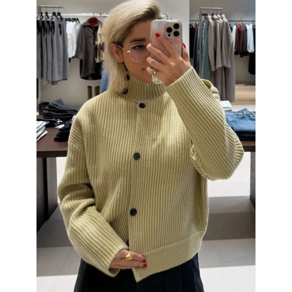 

Women's Knitted Cardigan Stand Collar Full Sve SingleBrea Winter Faion Bright Tead Coolmax Fiber Ladies Sweater